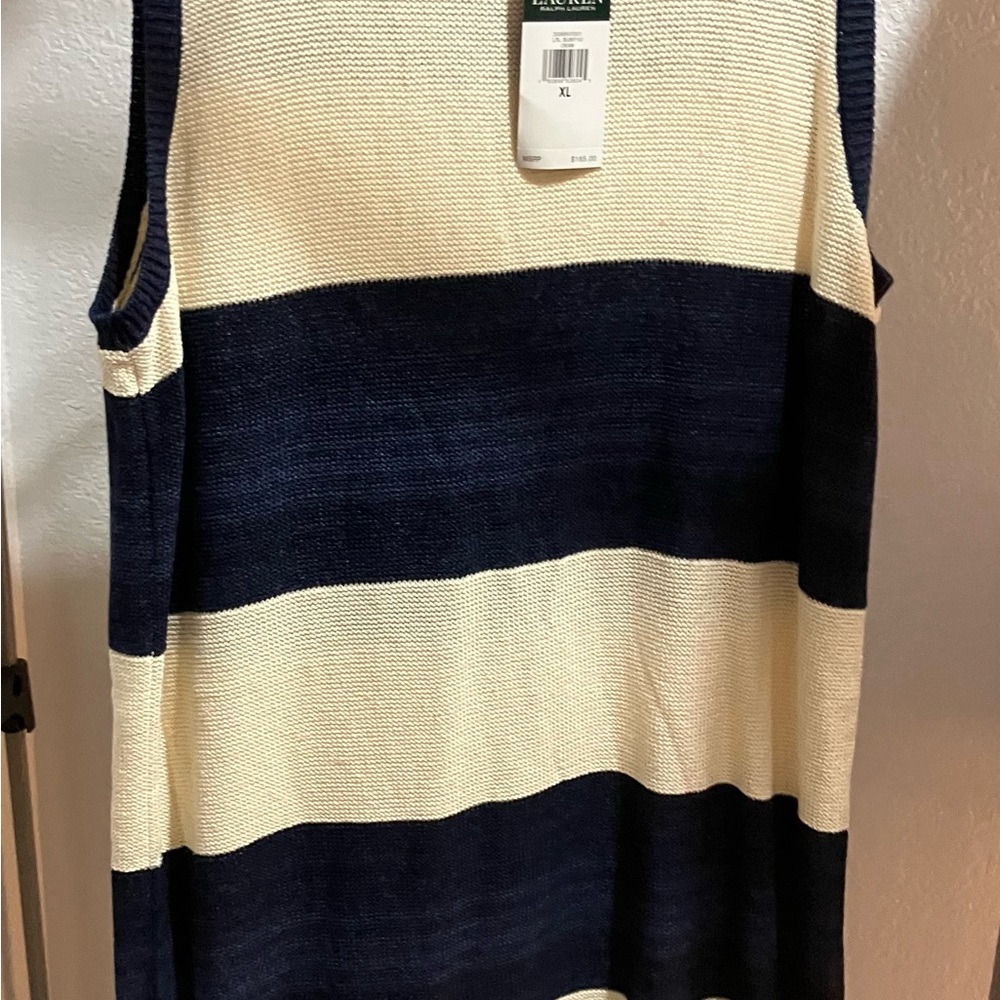 Ralph Lauren Indigo & Cream Sleeveless Midi Sweater Dress New/NWT